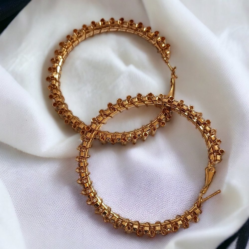 Two Inch Gold Tone Rhinestone Crystal Lever Back Hoop Earrings